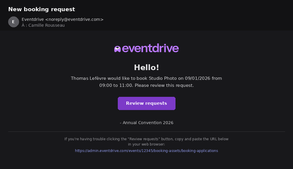 Example of an automatic email: new booking request