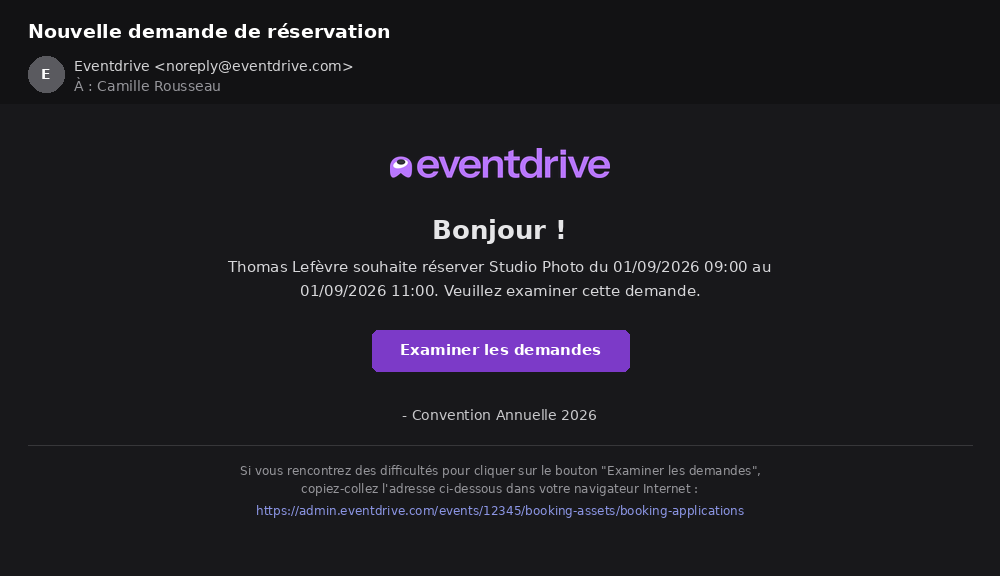 Exemple d'email automatique : nouvelle demande de réservation