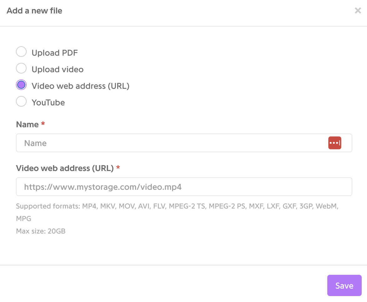 Add a new file pop-up with import options