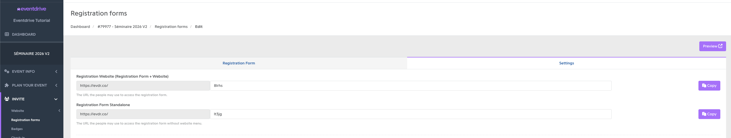 Registration Form tab with Registration Website and Registration Form Standalone links