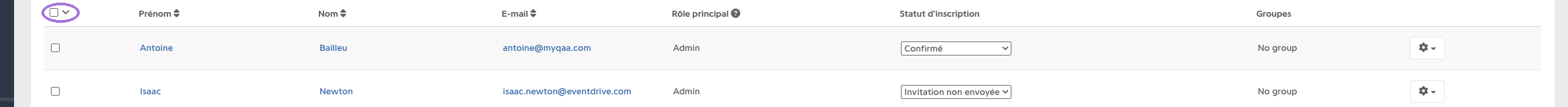 Checkbox at the top of the attendee list, with the chevron to select all