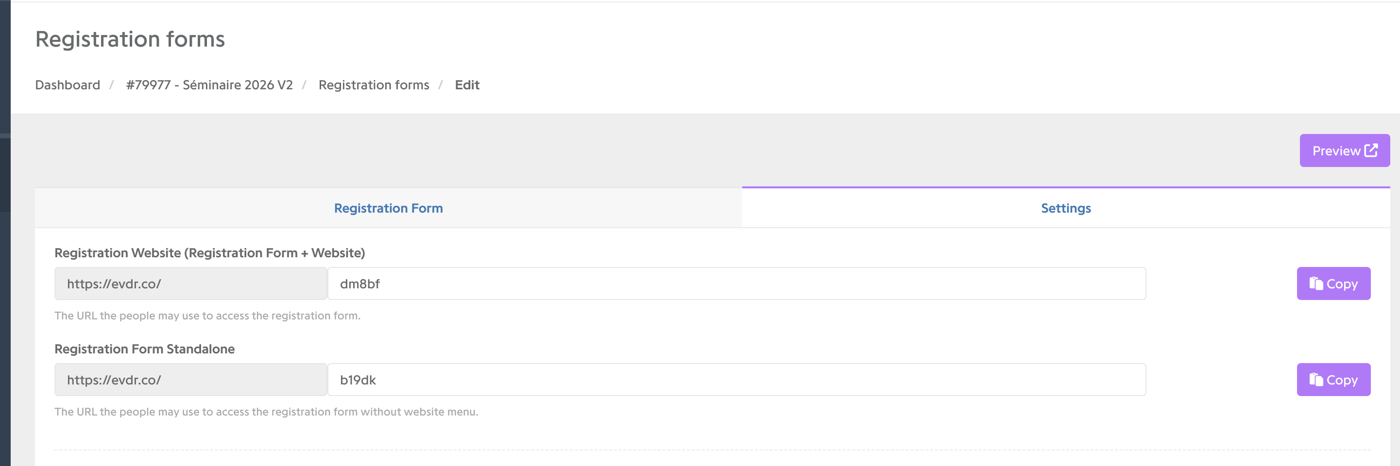 Form Settings screen with Registration Website and Registration Form Standalone links