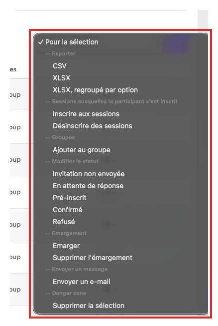 Menu des actions rapides Pour la sélection, ouvert sur la liste des participants