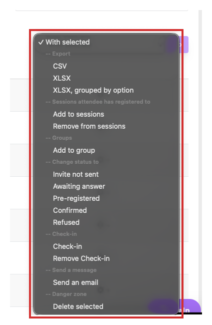 With selected quick actions menu, open on the attendee list