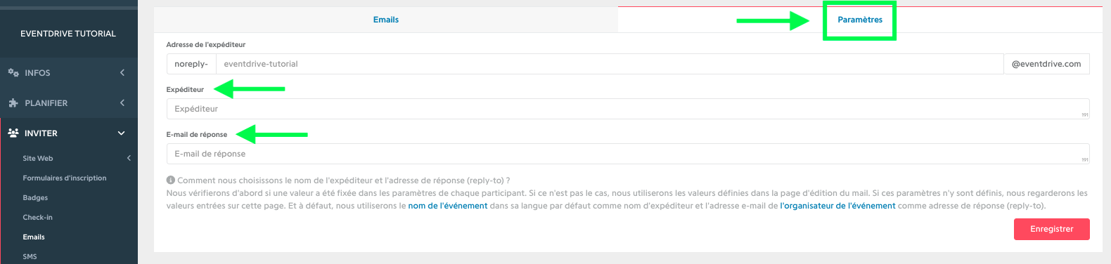 Email Settings tab, with the Sender and Reply-to fields