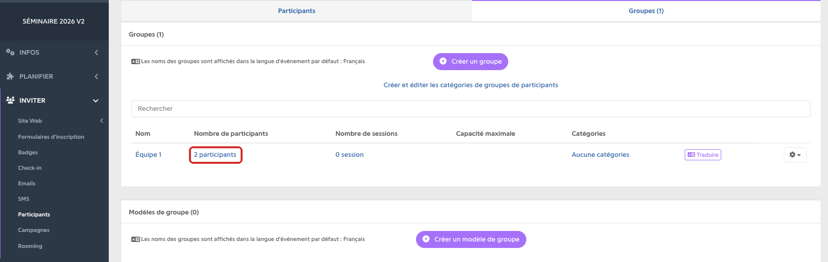 Onglet Groupes, nombre de participants du groupe encadré en rouge