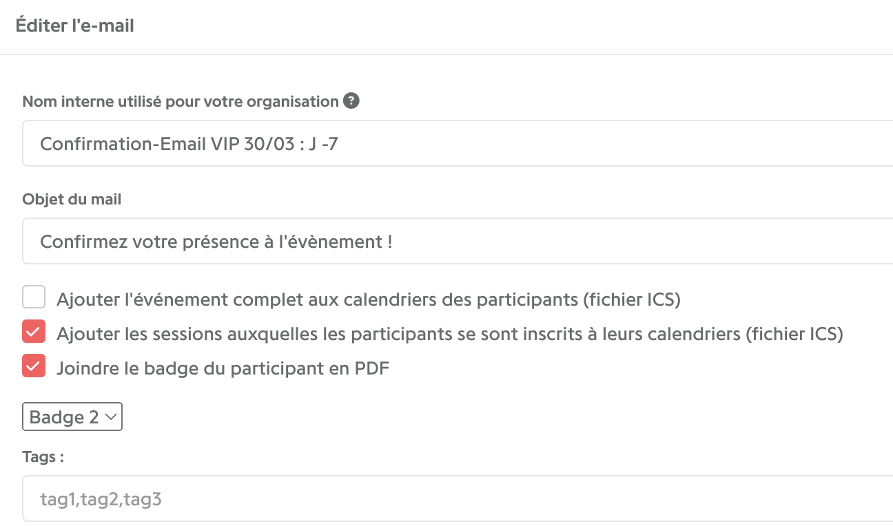 Cases d'ajout des fichiers ICS dans la fenêtre Éditer l'e-mail