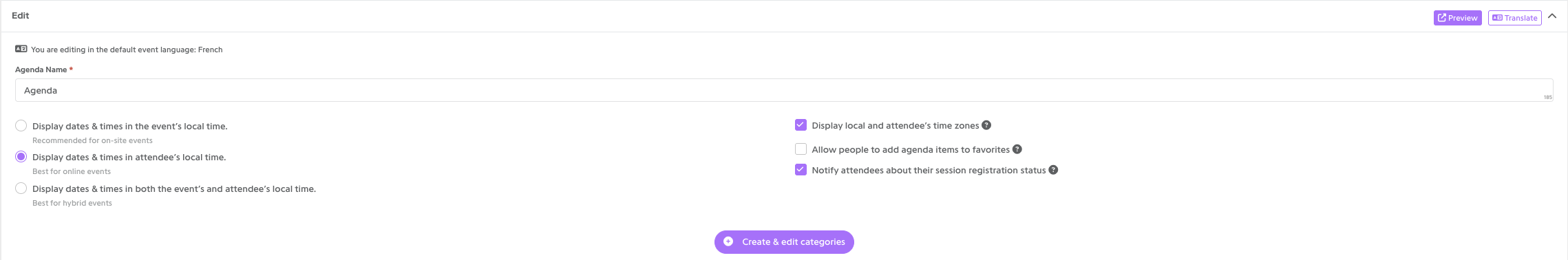 Notify attendees about their session registration status option