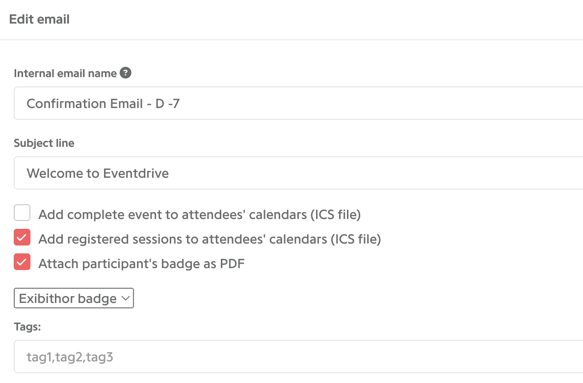 ICS file checkboxes in the Edit email window